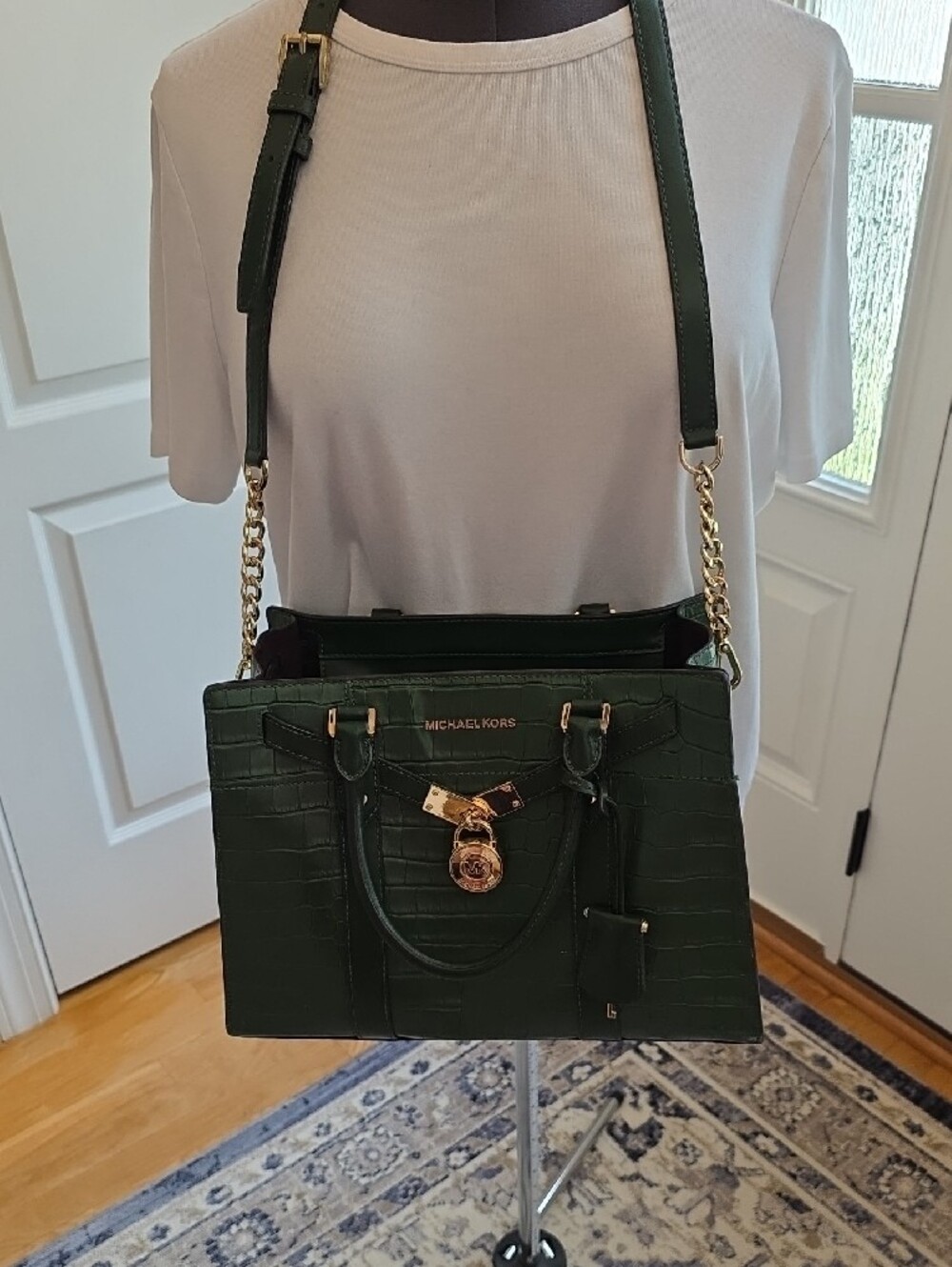 Michael Kors Nouveau Hamilton Dark Green Croc-Embossed Leather Satchel - Picture 13 of 16